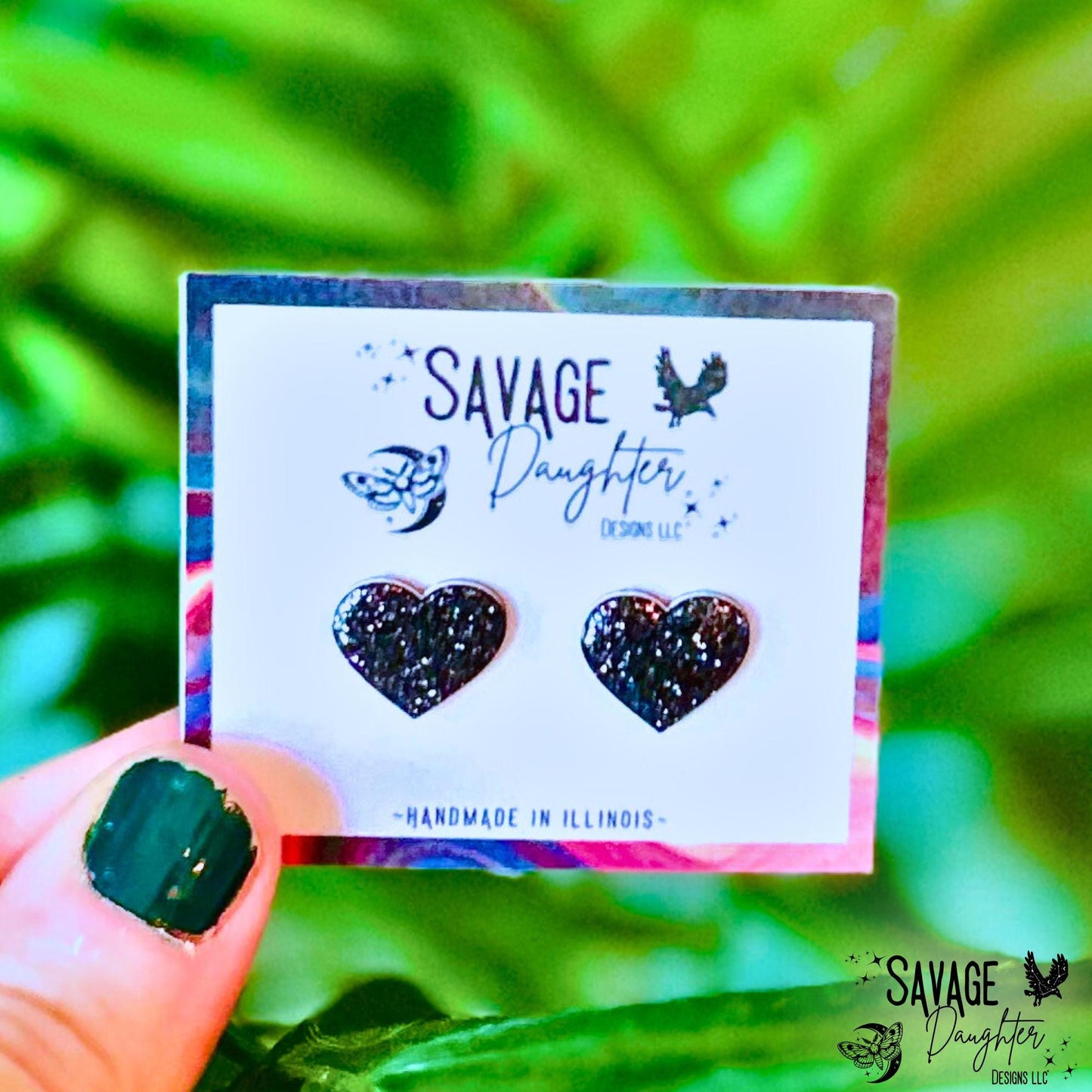 Black Sparkle Heart Stud Earrings – Resin Jewelry, Hypoallergenic Posts, Cute Gift for Her, Valentine or Birthday