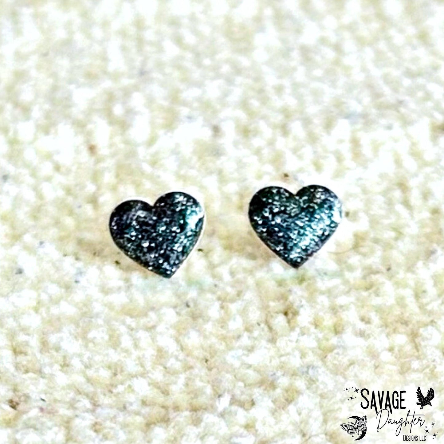 Black Sparkle Heart Stud Earrings – Resin Jewelry, Hypoallergenic Posts, Cute Gift for Her, Valentine or Birthday