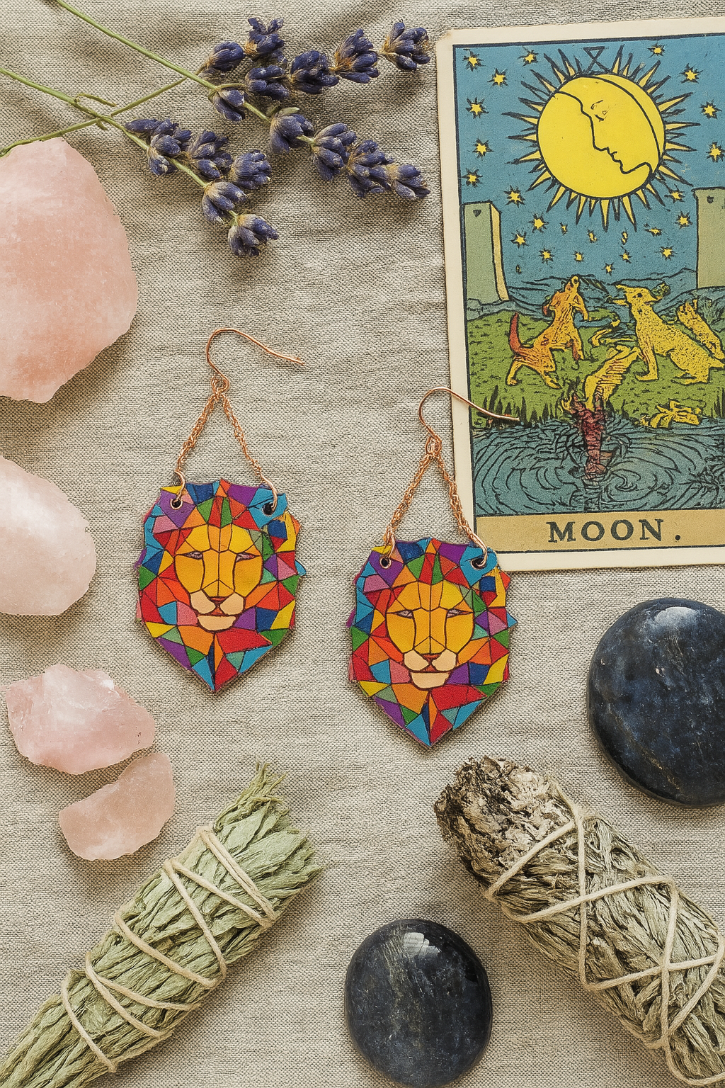 Mystical Lion Earrings – Stained Glass Boho Jewelry for Animal Lovers