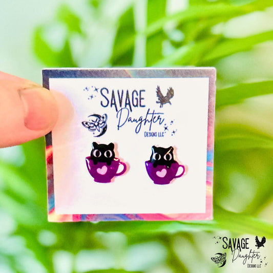 Black Cat Teacup Earrings- Kawaii Gothic Studs for Cat Lovers