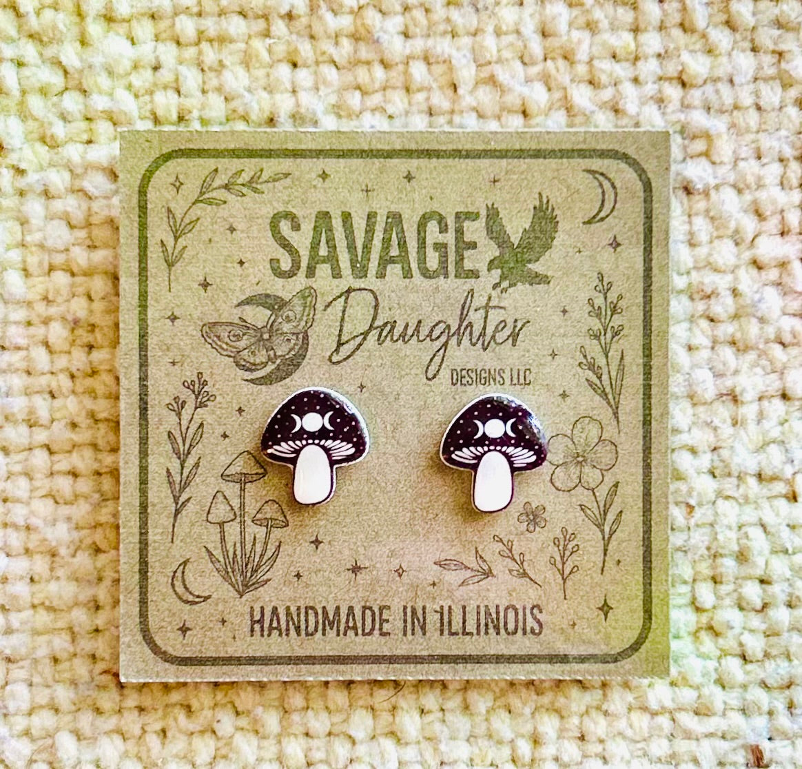Moon Phase Mushroom Stud Earrings – Handmade Witchy Forest Jewelry