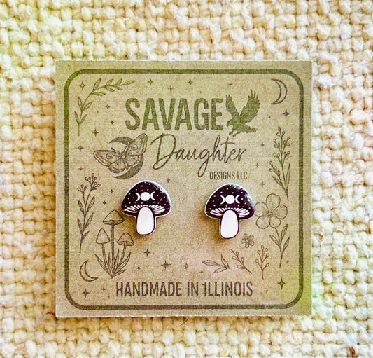 Moon Phase Mushroom Stud Earrings – Handmade Witchy Forest Jewelry