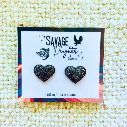 Black Sparkle Heart Stud Earrings – Resin Jewelry, Hypoallergenic Posts, Cute Gift for Her, Valentine or Birthday