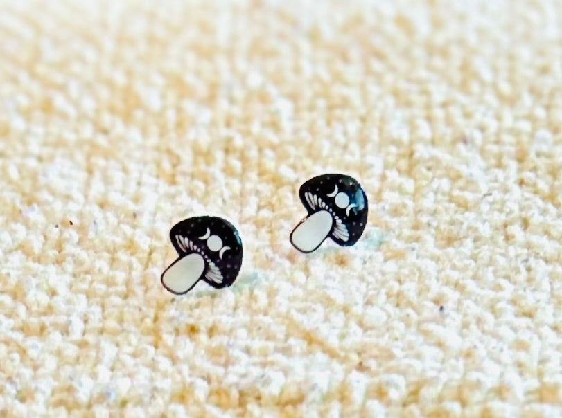 Moon Phase Mushroom Stud Earrings – Handmade Witchy Forest Jewelry
