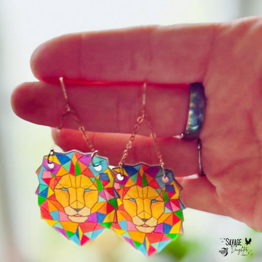Mystical Lion Earrings – Stained Glass Boho Jewelry for Animal Lovers