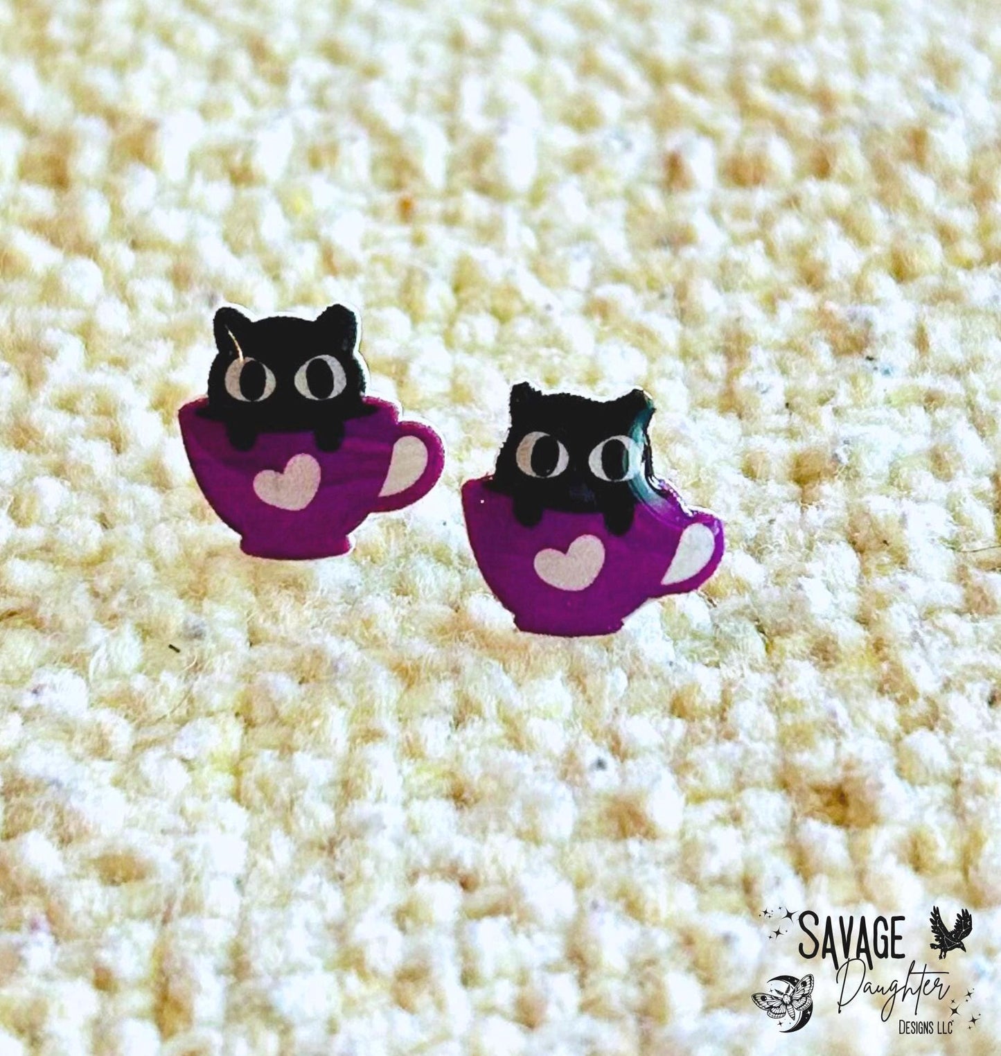 Black Cat Teacup Earrings- Kawaii Gothic Studs for Cat Lovers