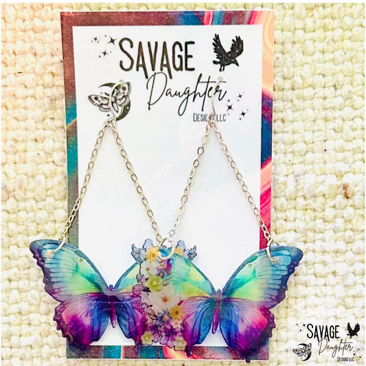 Blooming Spirit Butterfly Earrings • Floral Acrylic • Boho Festival Jewelry • UV Resin Handmade Gift